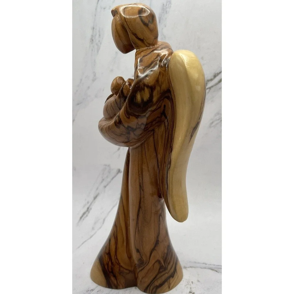Hand Carved Wooden Angel‎ Holding Baby  7 1/2 Inches Tall Made in Israel